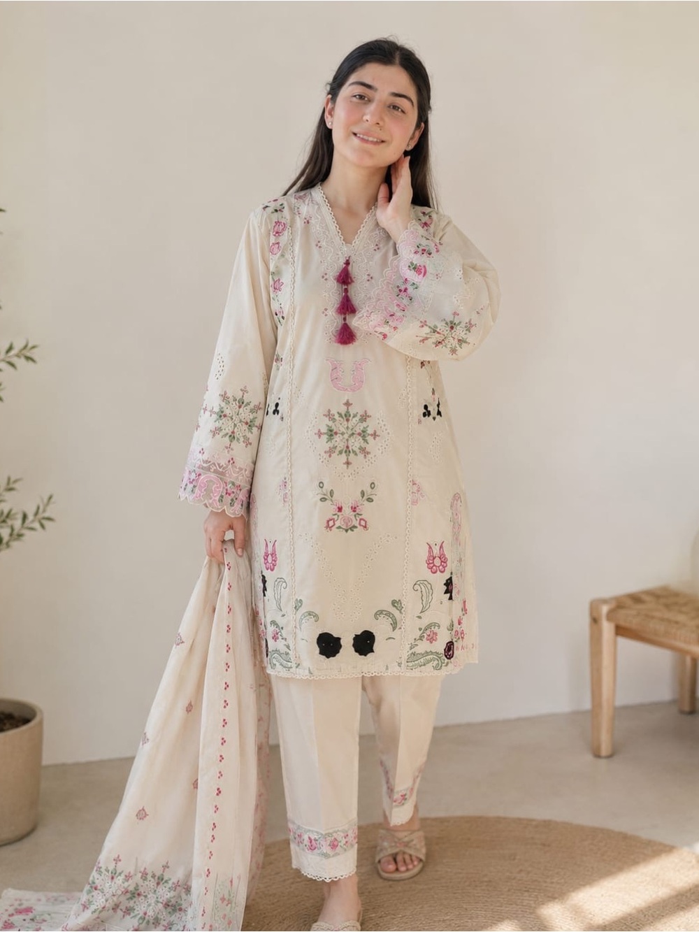 Embroidered Cream and Pink Women's Top